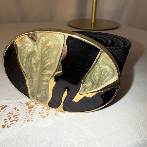 Vintage Nan Lewis Black & Gold Sculptural Enamel Buckle Belt | 1980s Modernist S main image 8
